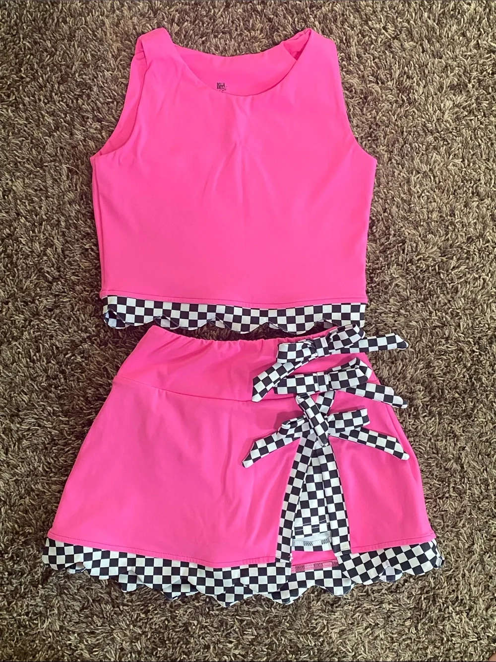 Bella Breez Hot Pink Two-Piece Skirt Set with Black & White Check Trim
